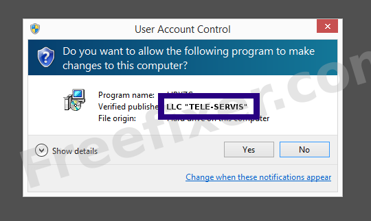 Screenshot where LLC "TELE-SERVIS" appears as the verified publisher in the UAC dialog